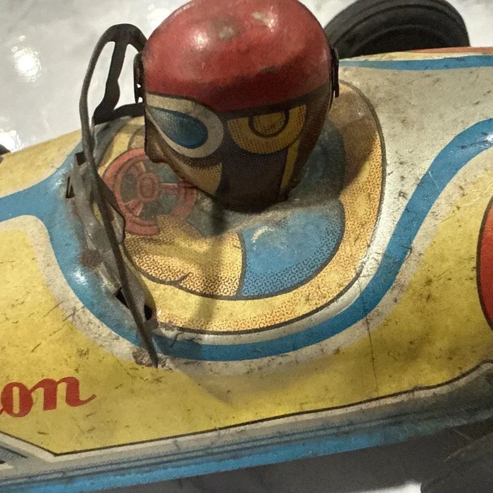 VINTAGE TIN FRICTION 1950'S OPEN WHEEL RACER RACE CAR W DRIVER #58 JAPAN